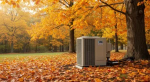 Outdoor HVAC unit surrounded by fall leaves, ready for fall HVAC maintenance in Round Rock, TX